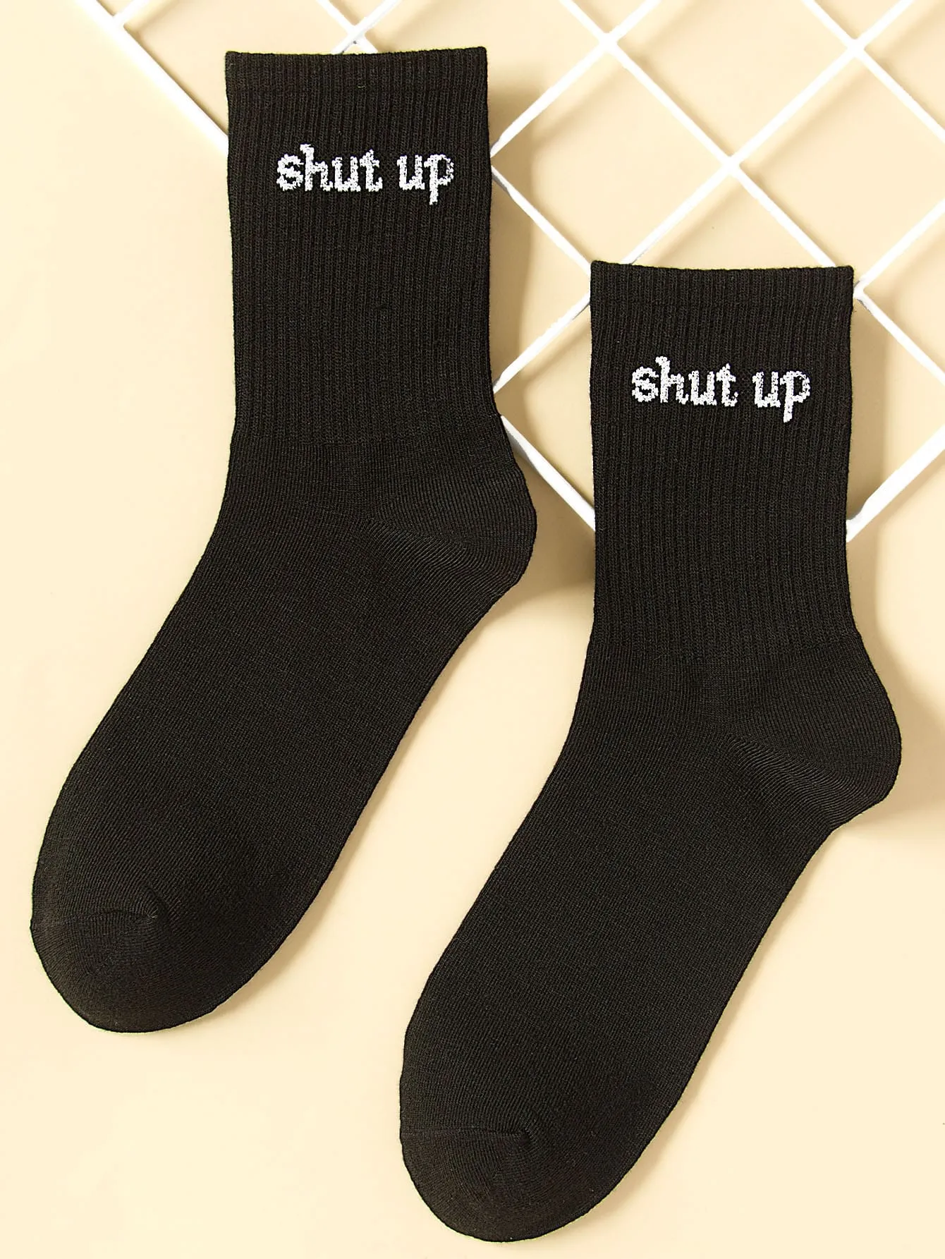 Black Crew Socks Shut Up Typography for Women Fun Socks Funky Socks Novelty