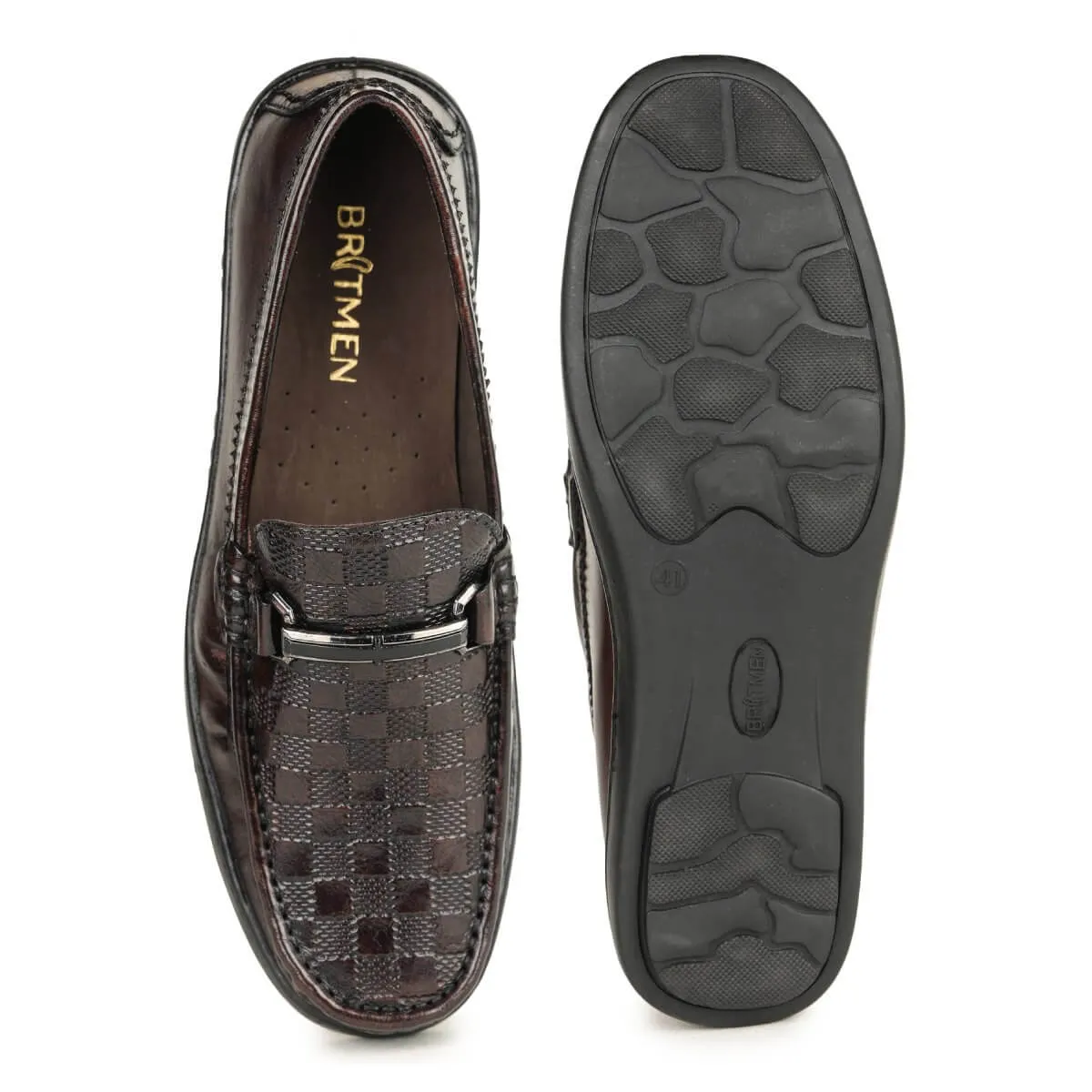 Britmen S-18 Checkbox Pattern Horsebit Loafers For Men