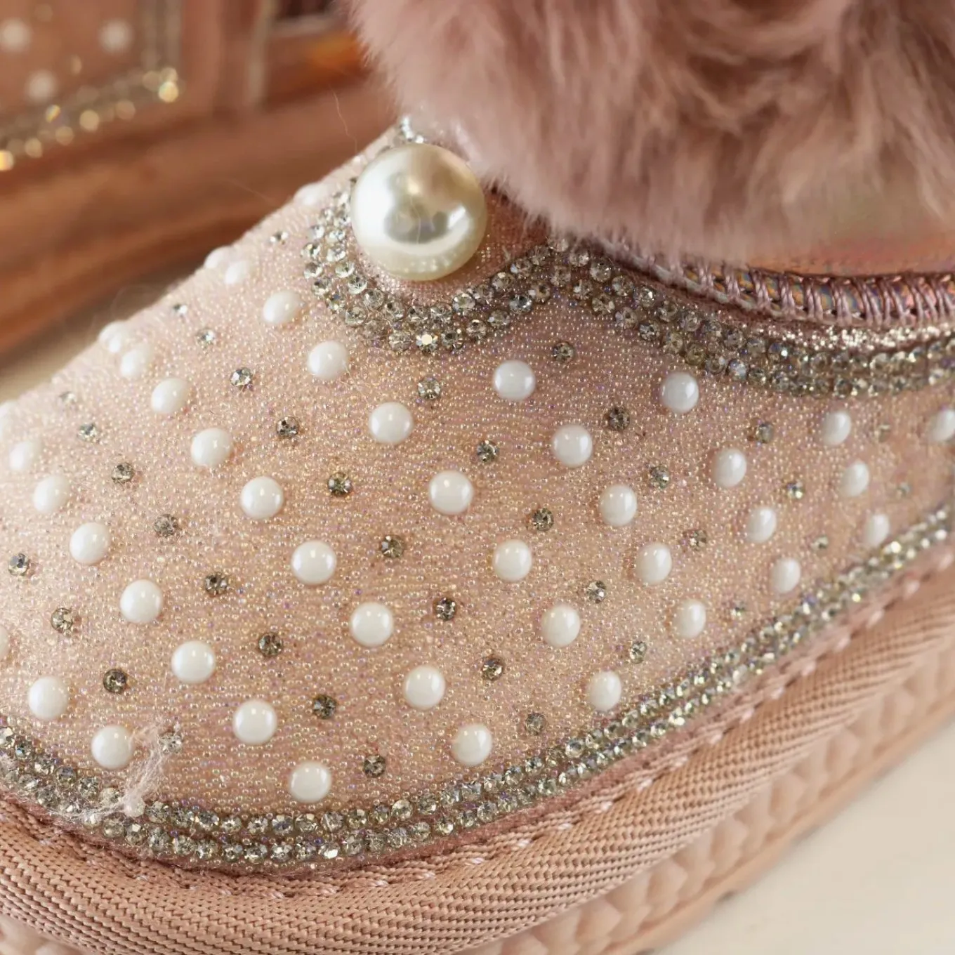 Doe a Dear PINK Rhinestone & Pearl Furry Toddler Girls Boots