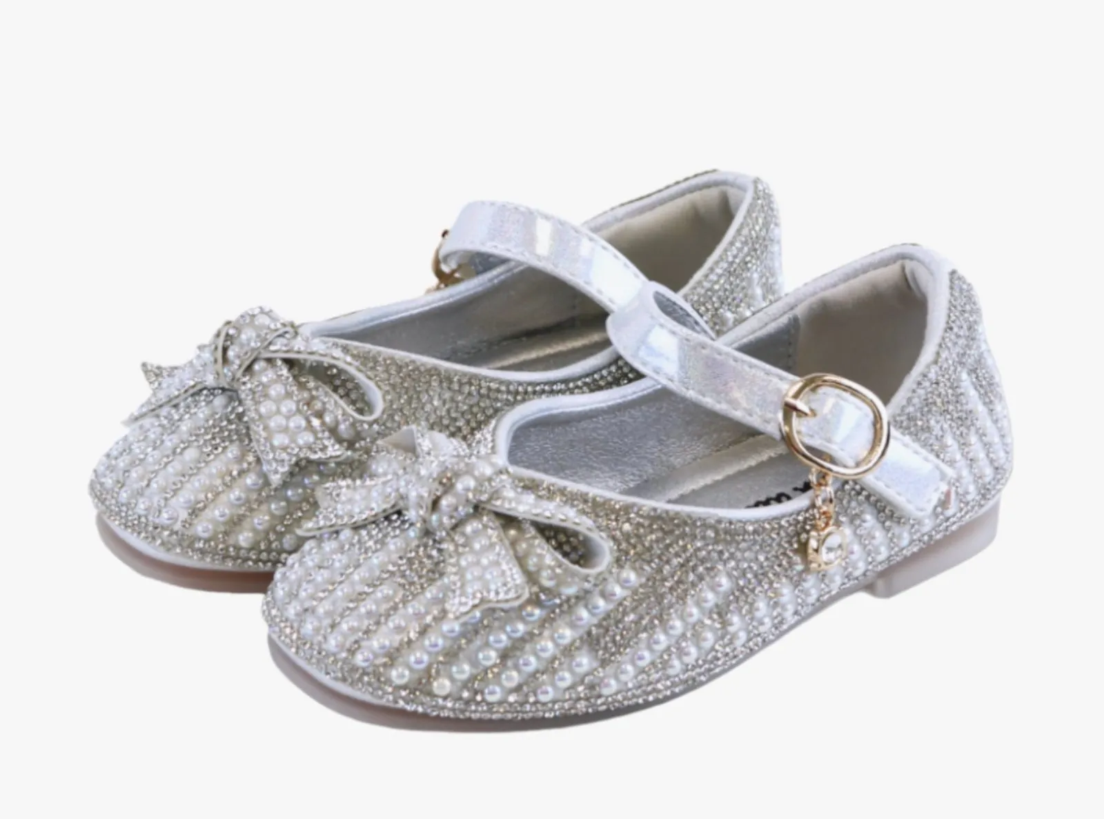 Doe a Dear SILVER Pearl & Rhinestone Bowtie Girls Dress Shoes