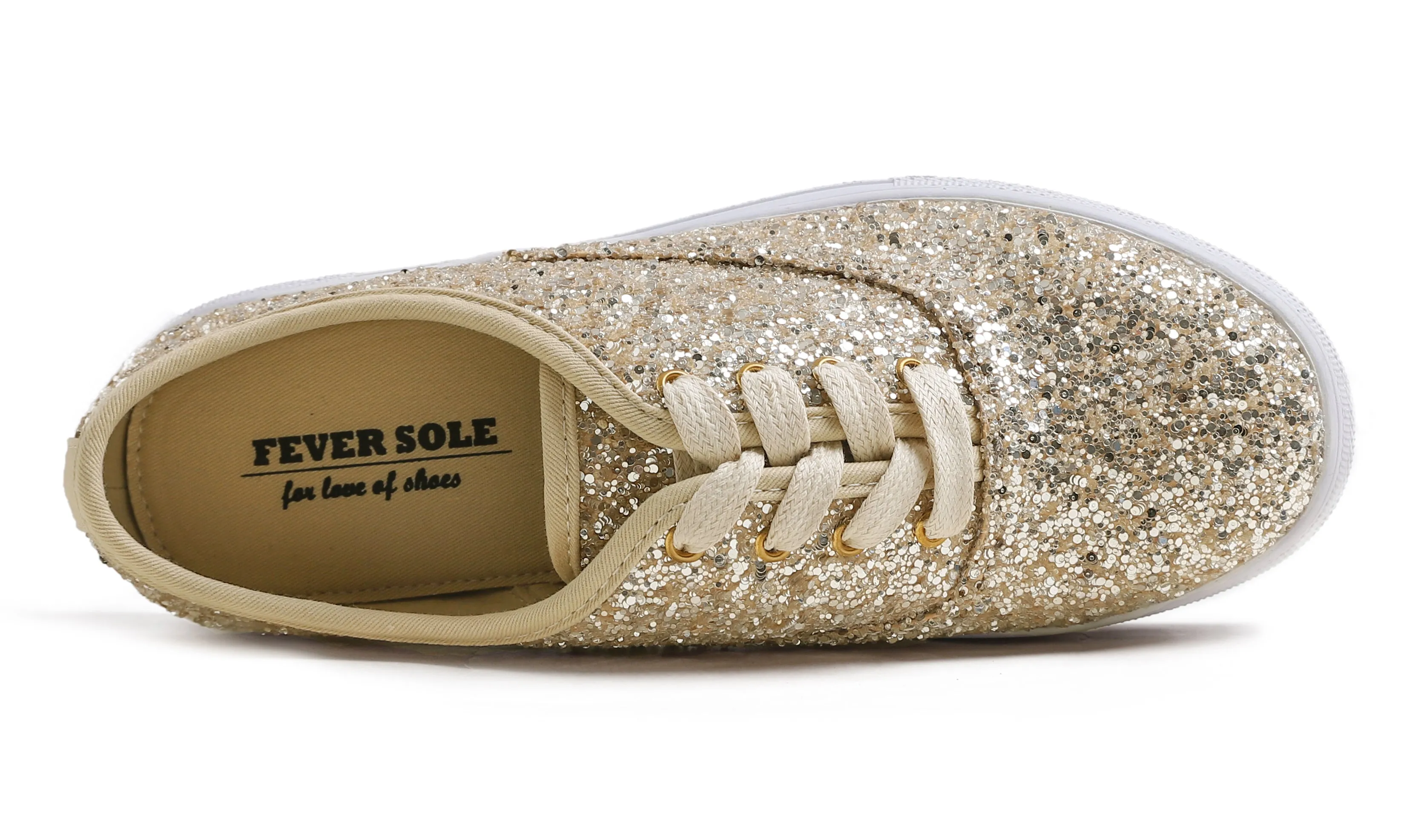 Feversole Women's Fashion Dress Sneakers Party Bling Casual Flats Embellished Shoes Light Gold Platform Glitter Lace