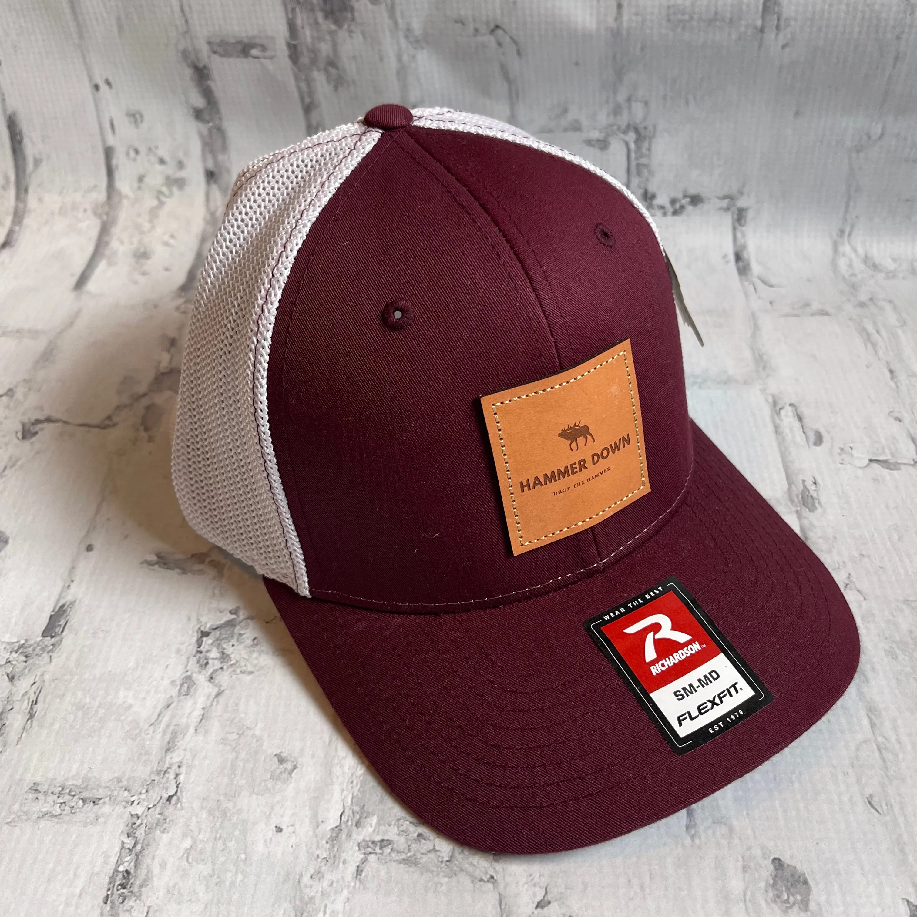 Hammer Down "Elk DTH" Flex Fit Hat - Maroon with Leather Patch