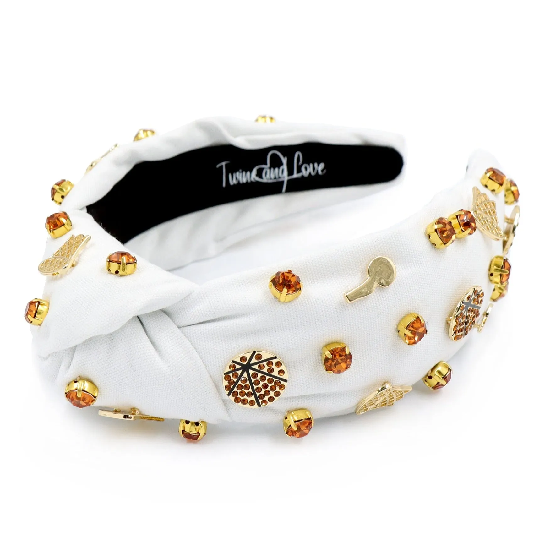 Hand Sewn White Basketball Jeweled Knot Headband