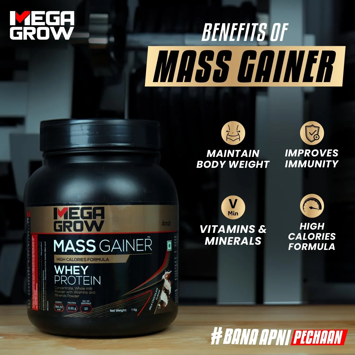 Megagrow Mass Gainer with Shaker 1kg, Milk Chocolate High Calorie Protein Powder for Weight Gain/Muscle Building & Growth|Bulking Supplement Powder|Weight Gainer Shakes for Women & Men - 10 Servings