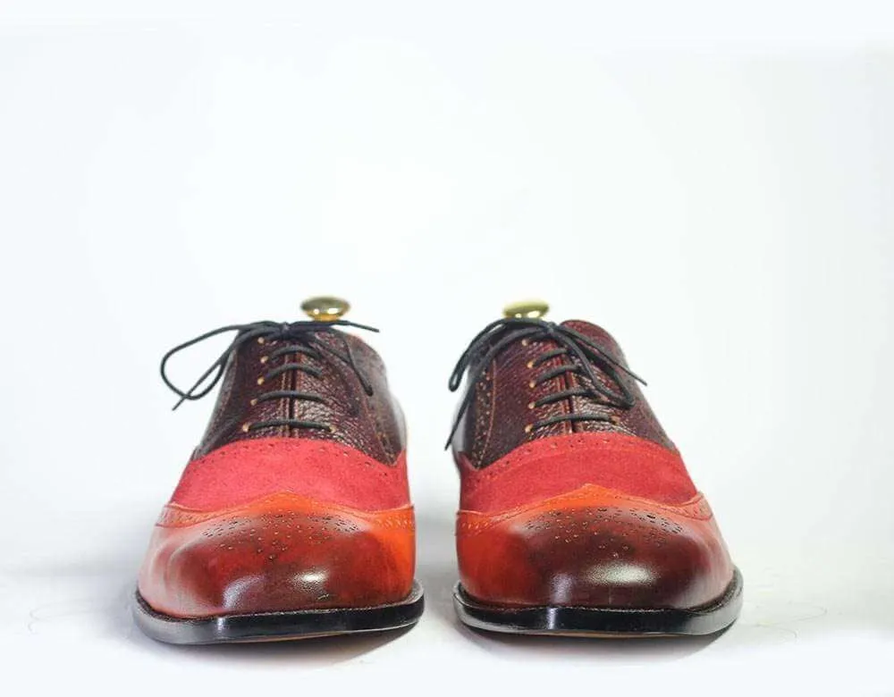 Men's Multi Color Leather Suede Wing Tip Lace Up  Shoe