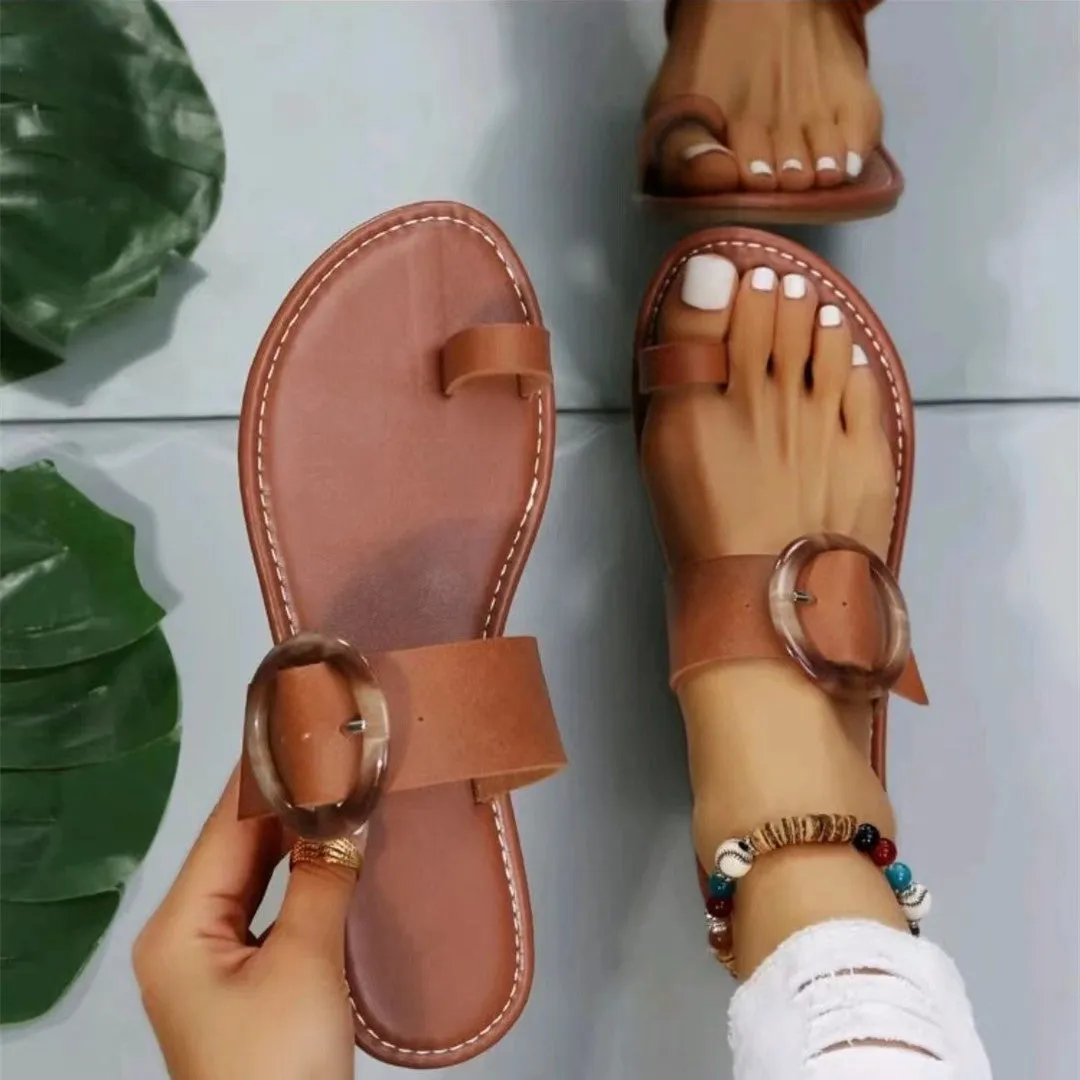 Metal Ring Buckle Flat Brown Exposed Seam Flat Solid Color Toe Ring Slip-on Flats