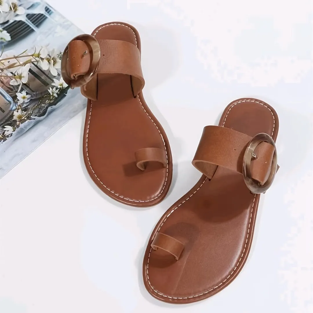 Metal Ring Buckle Flat Brown Exposed Seam Flat Solid Color Toe Ring Slip-on Flats