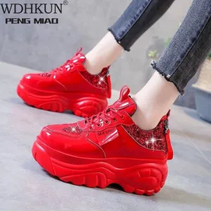 New Women Glitter Sneakers Casual Female Lace Up Zipper Platform Shoes Fashion Comfort Dad Chunky  White Black Red