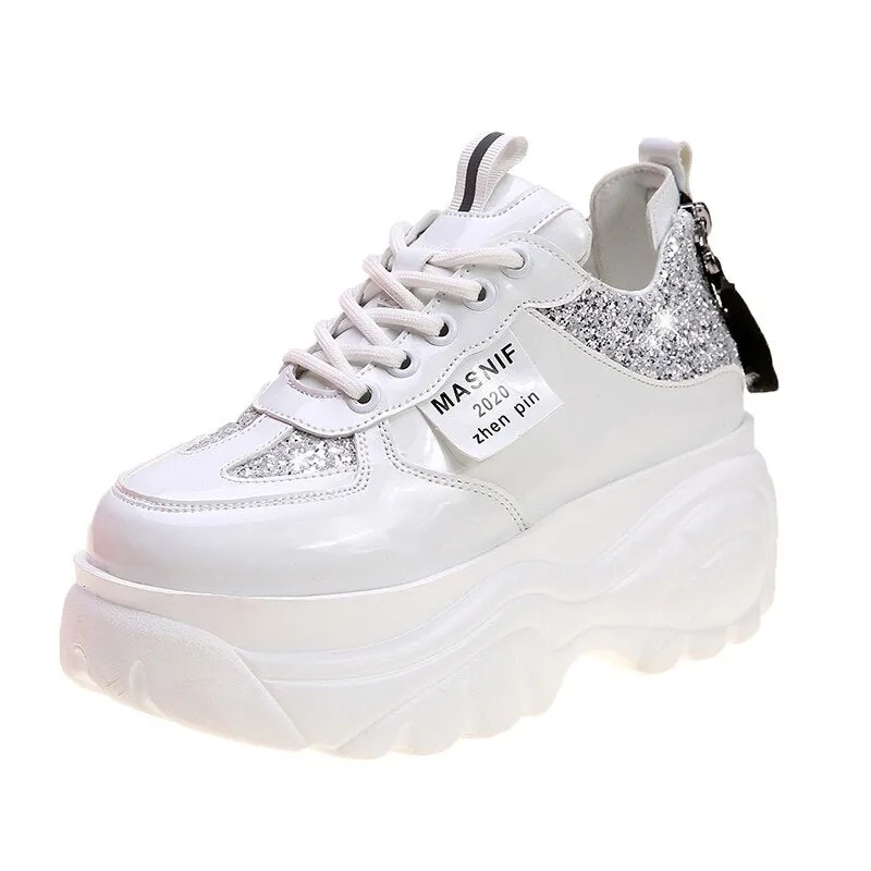 New Women Glitter Sneakers Casual Female Lace Up Zipper Platform Shoes Fashion Comfort Dad Chunky  White Black Red