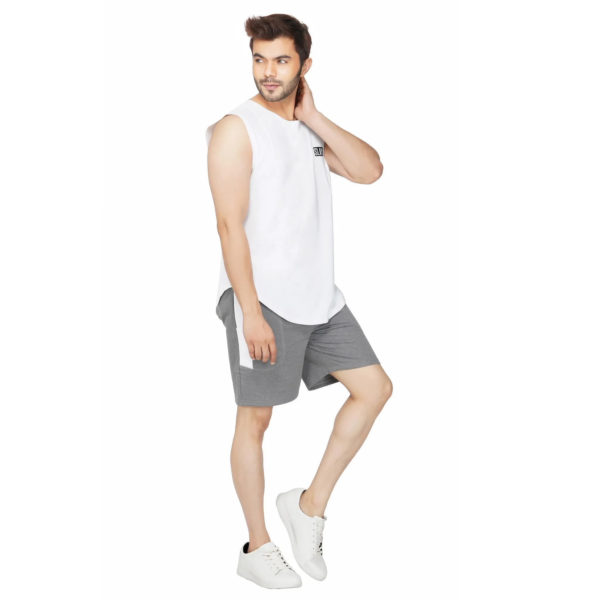 SLAY. Men's Light Grey Activewear Sports Shorts with White Stripes