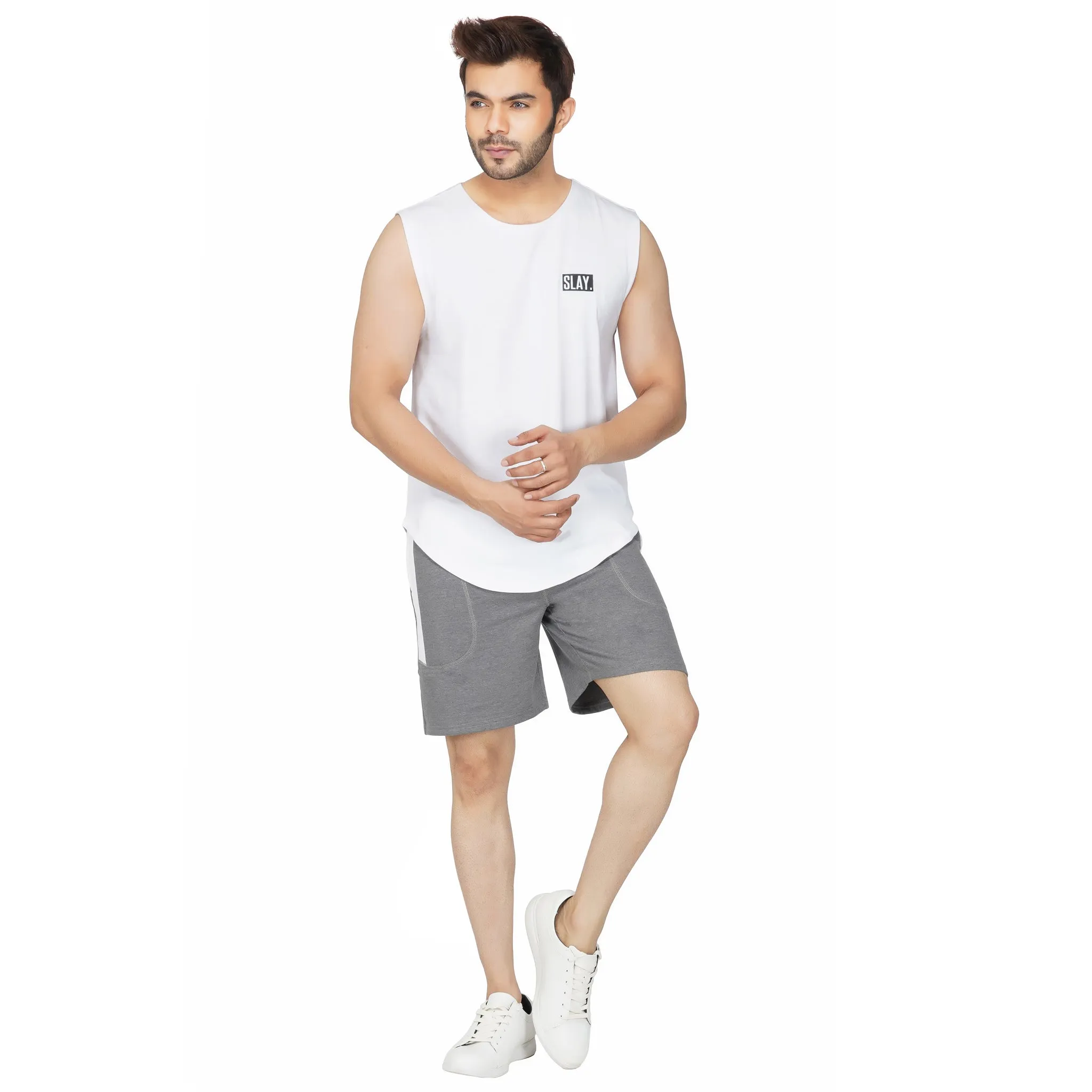 SLAY. Men's Light Grey Activewear Sports Shorts with White Stripes