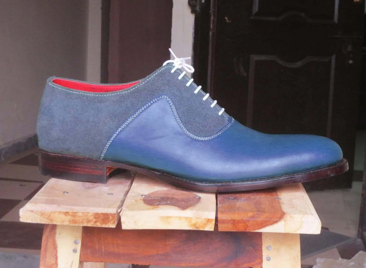 Suede Leather Derby Formal Shoes, Men's Blue Lace Up Shoes