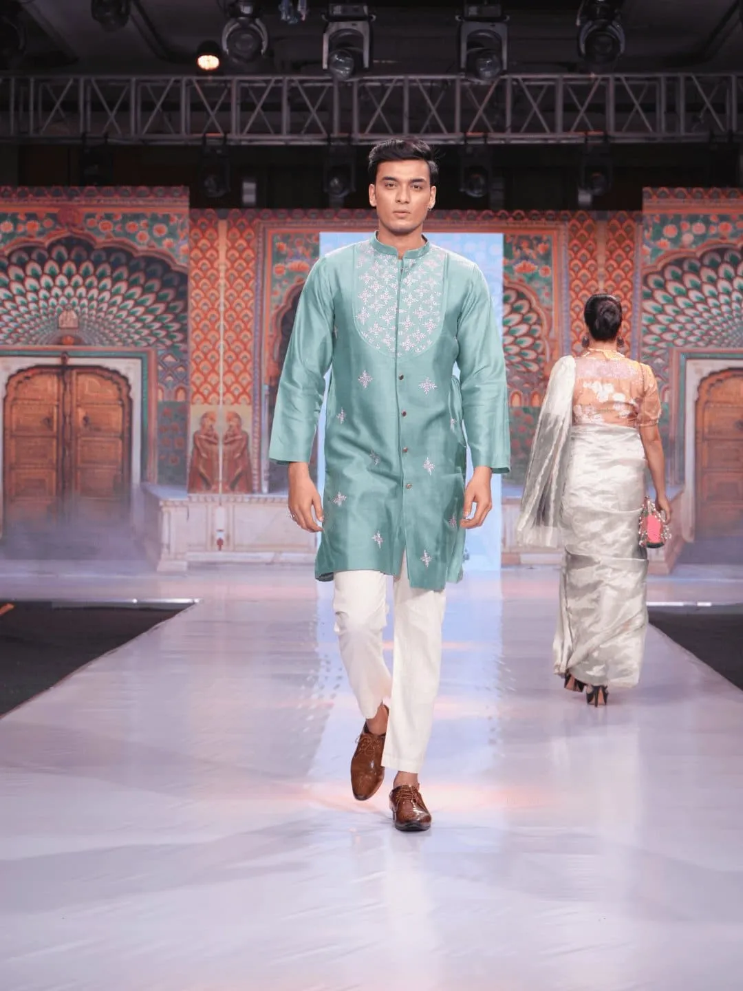 Turquoise Chikankari Silk Men Kurta Set