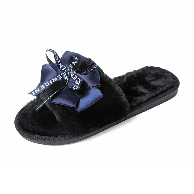 Winter Women House Slippers Faux Fur Fashion Warm Shoes Woman Slip on Flats Female Slides Black Pink cozy home  furry slippers