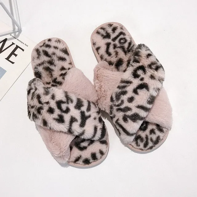 Winter Women House Slippers Faux Fur Fashion Warm Shoes Woman Slip on Flats Female Slides Black Pink cozy home  furry slippers