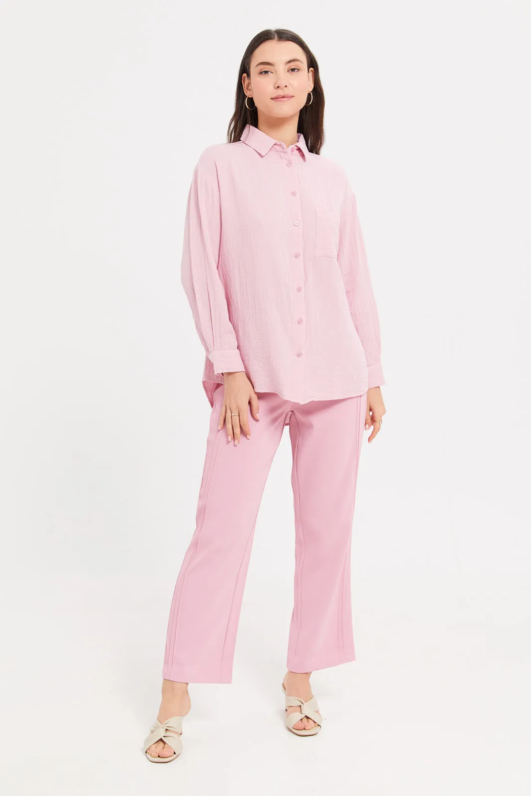 Women Pink Collared Casual Shirt