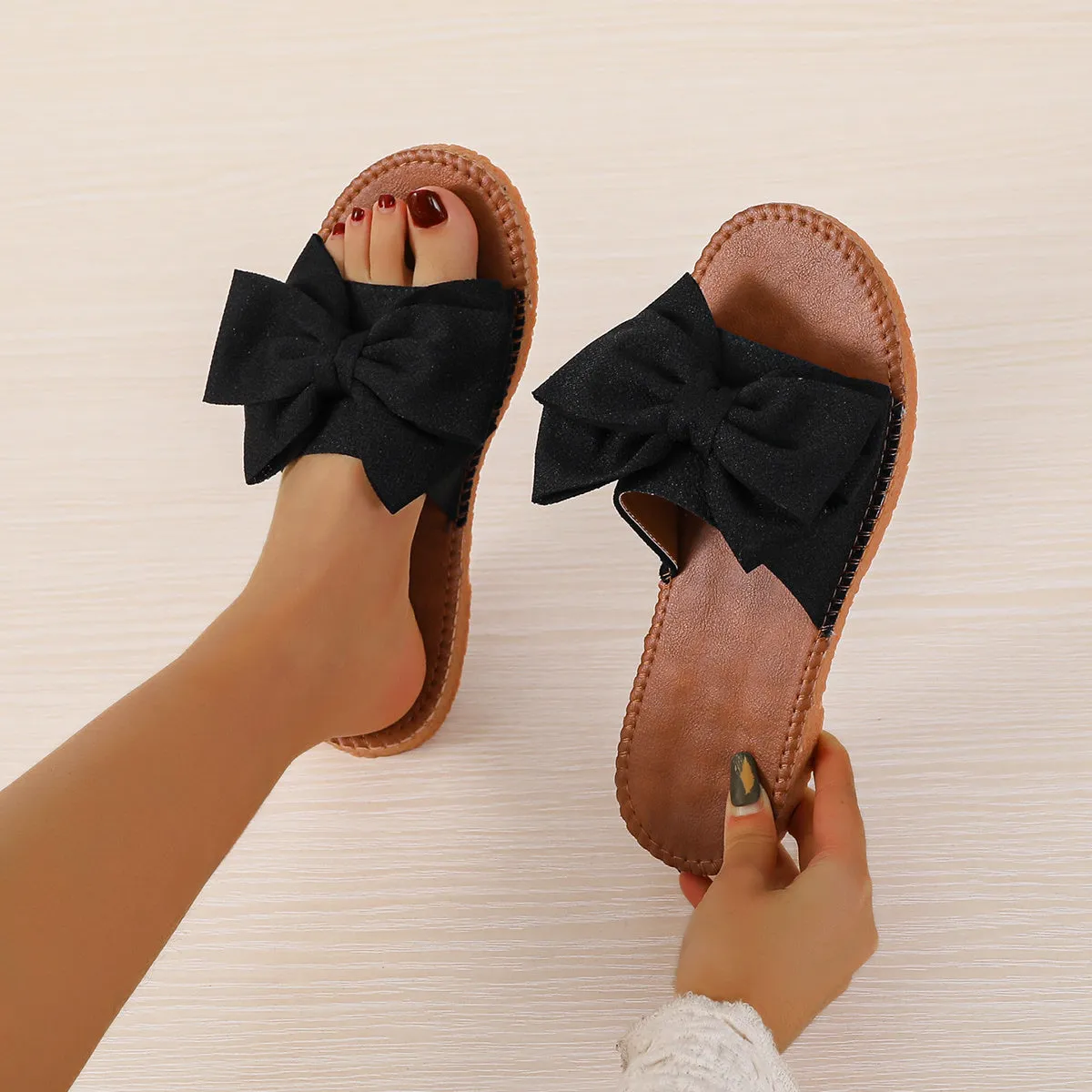 Women's Bow Tie Flat Lightweight Solid Color Slide Sandals Non Slip Beach Shoes