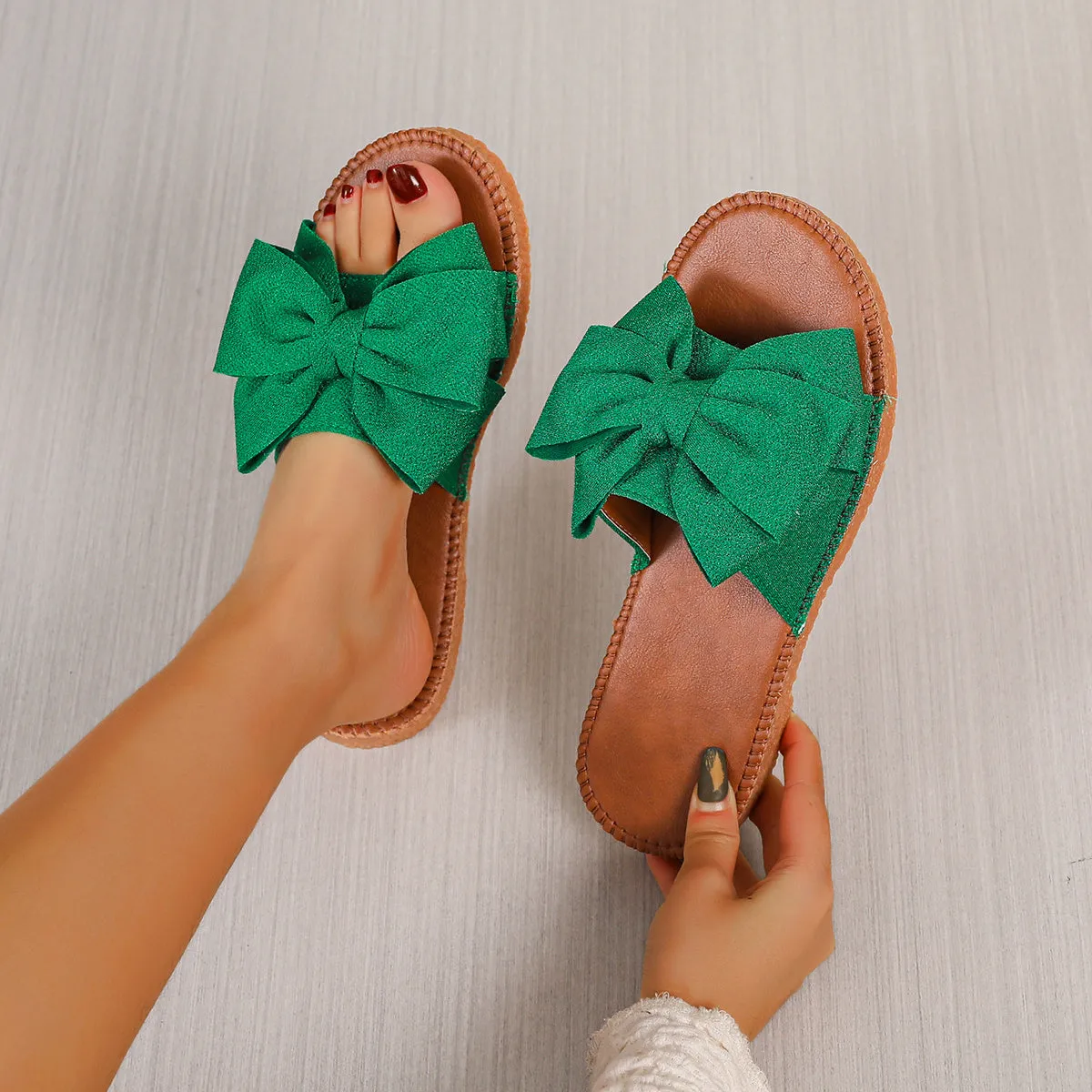 Women's Bow Tie Flat Lightweight Solid Color Slide Sandals Non Slip Beach Shoes