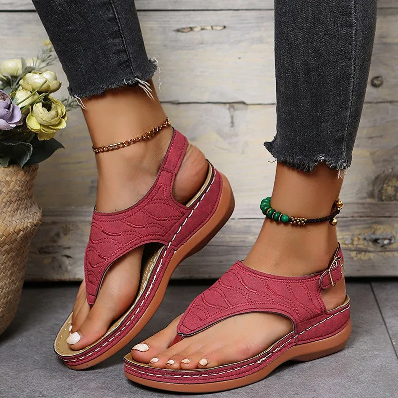 Women's Wedge Flip Flops Sandals Rome Style Solid Color Open Toe Buckle Strap Non-slip Shoes