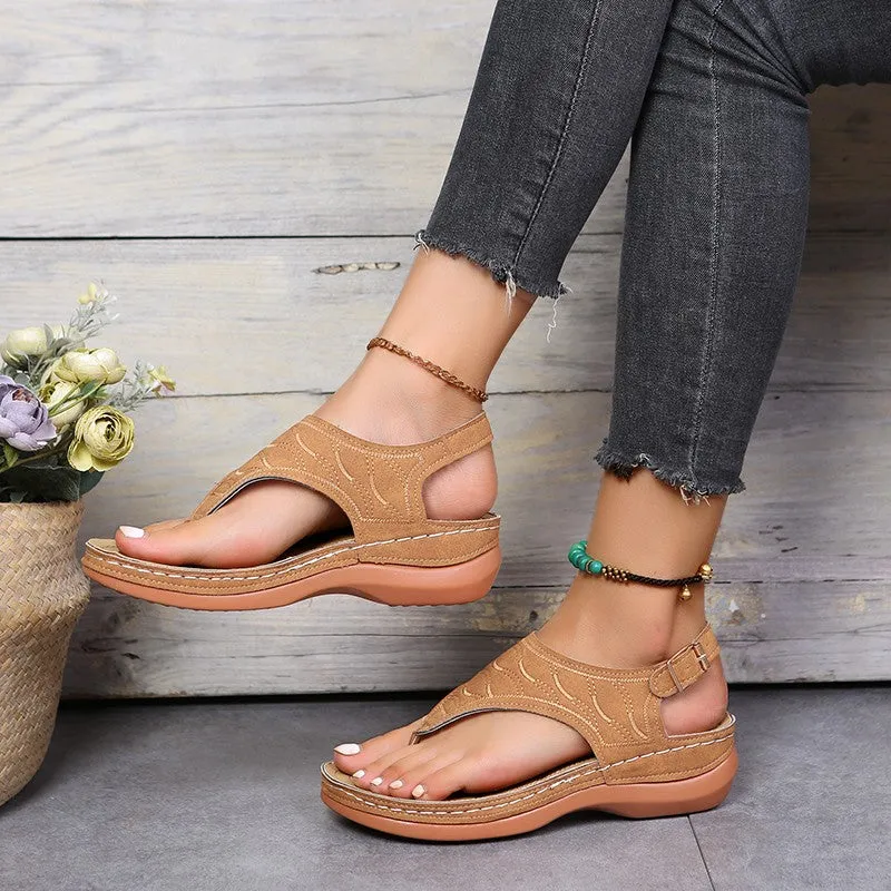 Women's Wedge Flip Flops Sandals Rome Style Solid Color Open Toe Buckle Strap Non-slip Shoes